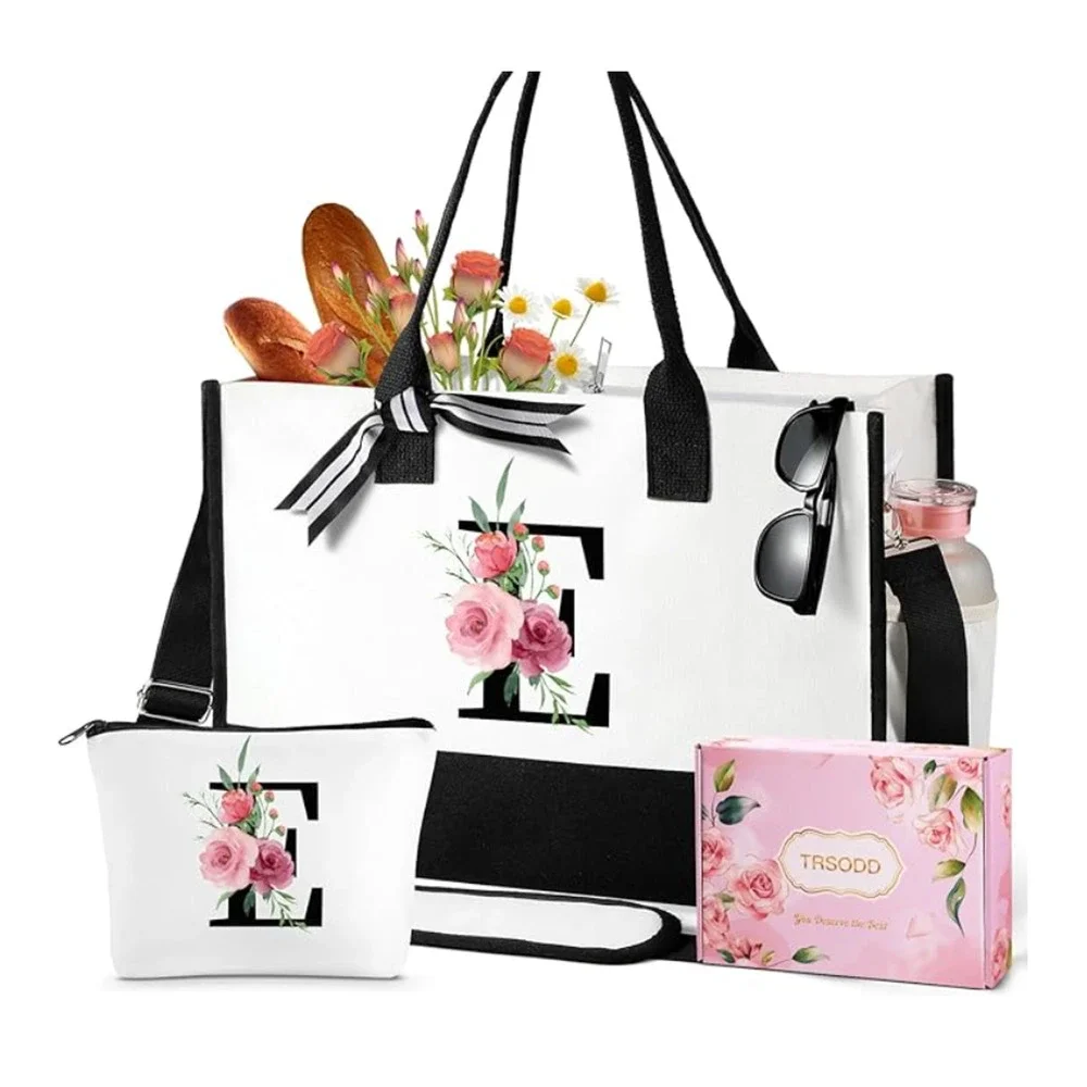 Floral Monogram “L” Tote & Toiletry Bag Gift‎ Box Set New TRSODD
